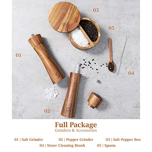  Wood Salt And Pepper Grinder Set - Premium Set Includes 8 Inch Salt And Pepper Mill, Salt And Pepper Box With Swivel Lid, Spoon & Cleaner Tool - Perfect Salt And Pepper Shakers Gift (8 Inch)