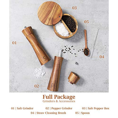  Wood Salt And Pepper Grinder Set - Premium Set Includes 8 Inch Salt And Pepper Mill, Salt And Pepper Box With Swivel Lid, Spoon & Cleaner Tool - Perfect Salt And Pepper Shakers Gift (8 Inch)