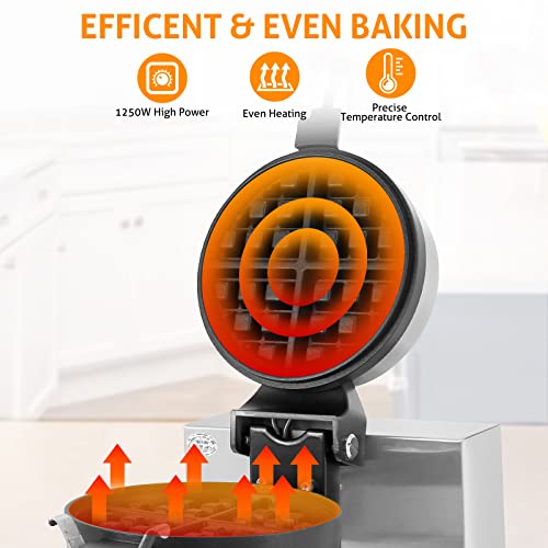  Waffle Maker Commercial Belgian Waffle Maker Belgium Waffles Iron Machine 180° Rotating Flip Waffle Machine Intelligent LED Digital Non-Stick Waffle Maker Baker For Hotel Restaurant, 1250W