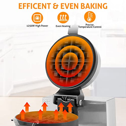  Waffle Maker Commercial Belgian Waffle Maker Belgium Waffles Iron Machine 180° Rotating Flip Waffle Machine Intelligent LED Digital Non-Stick Waffle Maker Baker For Hotel Restaurant, 1250W