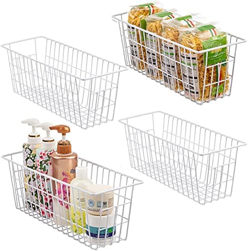  IPEGTOP Freezer Baskets, Set Of 4 Farmhouse Metal Wire Basket Freezer Storage Wire Baskets Organizer Wire Storage Basket For Kitchen Pantry Organizer Bins (White)