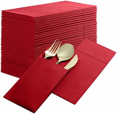  Disposable Linen-Feel Dinner Napkins With Built-in Flatware Pocket, 50-Pack BLACK Prefolded Cloth Like Paper Napkins For Dinner, Wedding Or Party