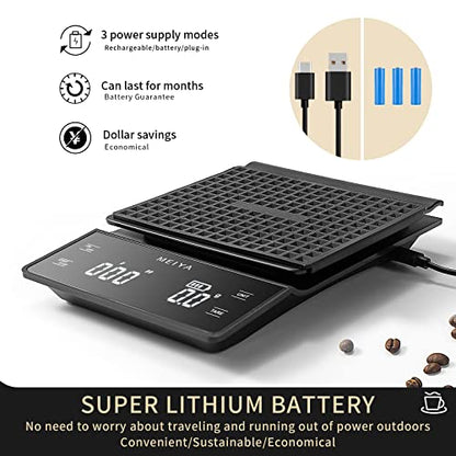  Digital Coffee Scale With Timer, MEIYA Food Scale For Food Ounces And Grams, High Accuracy 3000g/0.1g Pour Over Drip Espresso Scale For Baking Cooking, Upgrade USB Charging, Including Batteries, Black