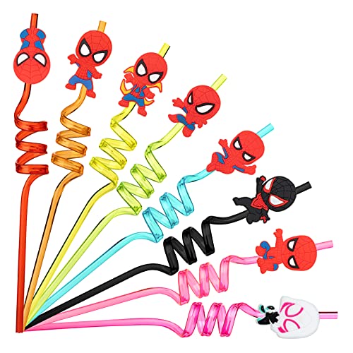  NITELUO 24Pcs Spiderman Birthday Party Supplies Reusable Drinking Straws,8 Designs Spider Party Favors With 2 Cleaning Brush