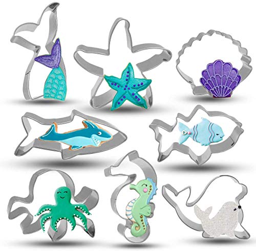  Under The Sea Creatures Cookie Cutter Set - 8 Piece Stainless Steel Cutters Molds Cutters For Making Shark, Mermaid Tail, Seahorse, Starfish, Seashell, Octopus, Clownfish, Seal