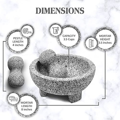  Granite Mortar And Pestle Set Guacamole Bowl Molcajete 8 Inch - Natural Stone Grinder For Spices, Seasonings, Pastes, Pestos And Guacamole - Extra Bonus Avocado Tool Included