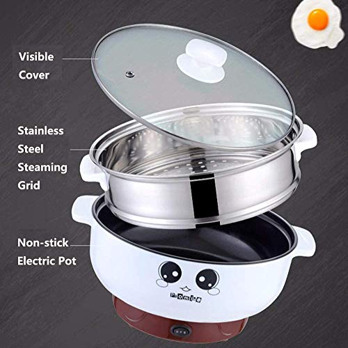  4-in-1 Electric Skillet Non-Stick Multifunctional Small Electric Grill Pot & Skillet Cooker For Cooking Rice Hotpot Simmer Steamed Eggs Frying - Diameter 8-inch, 2.3L Capacity, With Steam Grid