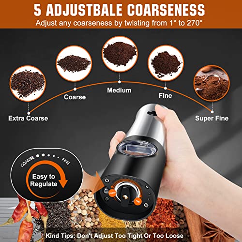  Electric Salt And Pepper Grinder Set, Automatic Salt & Pepper Mill Refillable With USB Rechargeable Base, 5 Adjustable Coarseness One Hand Operation, LED Light