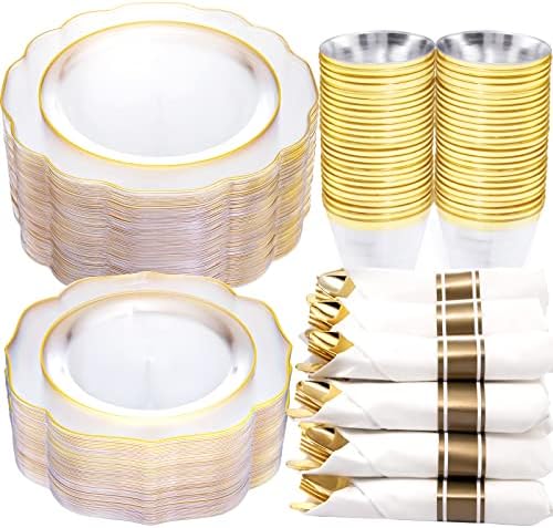  175PCS Pink Plastic Plates With Gold Disposable Silverware-Include 50 Plates 25Knives 25Forks 25Spoons 25Cups And 25Napkins-Ideal For Wedding, Party, Shower&Mother’s Day