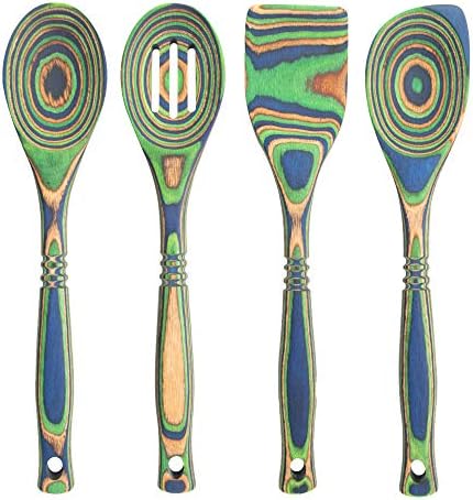  Pakkawood 4-Piece Utensil Set - Elegant Kitchen Spoon, Slotted Spoon, Corner Spoon, And Spatula For Serving & Cooking, Heat Resistant & Non-Stick Utensils