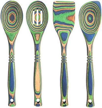  Pakkawood 4-Piece Utensil Set - Elegant Kitchen Spoon, Slotted Spoon, Corner Spoon, And Spatula For Serving & Cooking, Heat Resistant & Non-Stick Utensils