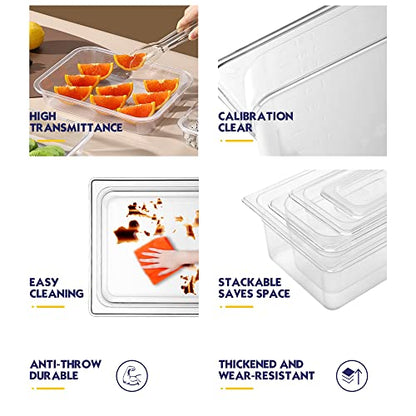  BIEAMA 6 Pack Food Pans With Lids, 1/6 Size 4'' Deep, Polycarbonate, Clear