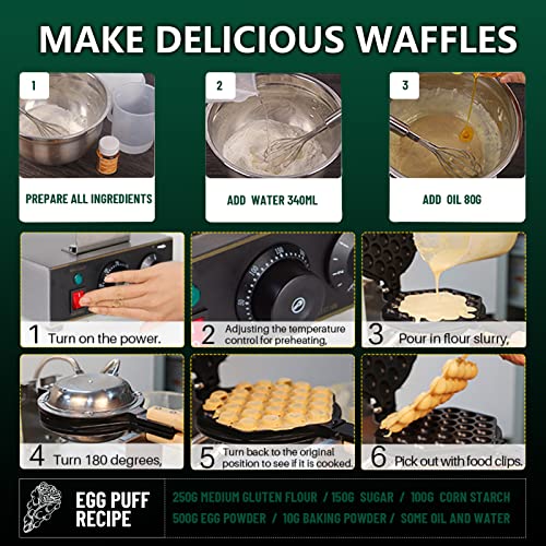  Bubble Waffle Maker, Hong Kong Egg Waffle Maker Machine With Non-stick Coating, Stainless Steel Pancake Maker 180° Rotate, 1500W 110V Electric Cone Maker, 50-250℃/122-482℉ Adjustable