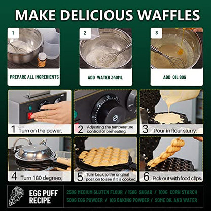  Bubble Waffle Maker, Hong Kong Egg Waffle Maker Machine With Non-stick Coating, Stainless Steel Pancake Maker 180° Rotate, 1500W 110V Electric Cone Maker, 50-250℃/122-482℉ Adjustable