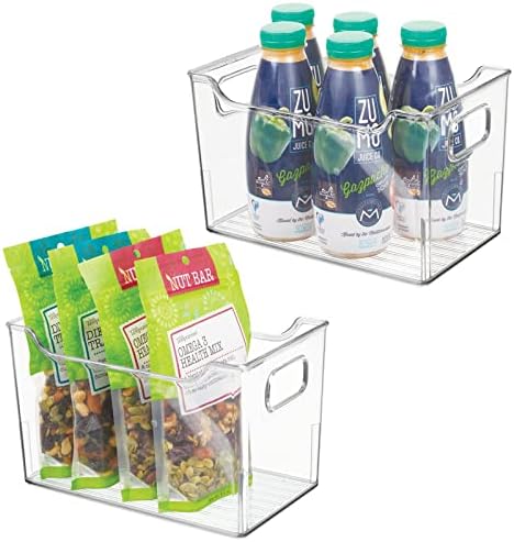  Slim Stackable Plastic Storage Organization Bin With Handles For Kitchen Cabinet, Pantry, Shelf, Refrigerator, Home Organizer For Fruit, Potatoes, Onions, Drinks, Snacks, Pasta, 2 Pack, Clear