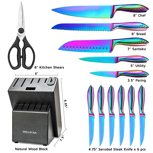  Rainbow Knife Set 14 Pieces, Iridescent German Stainless Steel Kitchen Knives Set With Wooden Block, Colorful Titanium Coating, Chef’s Knife Block Set With Scissors And Built-in Sharpener