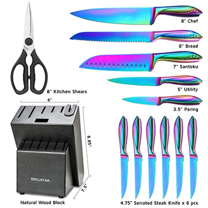  Rainbow Knife Set 14 Pieces, Iridescent German Stainless Steel Kitchen Knives Set With Wooden Block, Colorful Titanium Coating, Chef’s Knife Block Set With Scissors And Built-in Sharpener