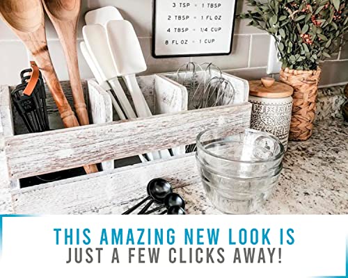  Farmhouse Utensil Organizer For Kitchen Countertop - Wooden Utensil Crock With 3 Large Storage Compartments & Hanging Option - Rustic Spatula Holder Caddy In Distressed White - Size