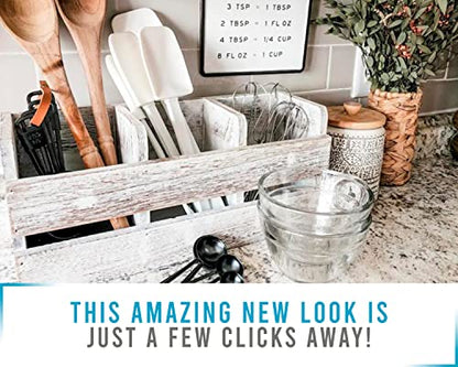  Farmhouse Utensil Organizer For Kitchen Countertop - Wooden Utensil Crock With 3 Large Storage Compartments & Hanging Option - Rustic Spatula Holder Caddy In Distressed White - Size