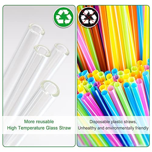  Reusable Drinking Straws Glass Clear 12-Pack, With 4 Cleaning Brush Size 8.5''x10 MM Set Of 6 Straight And 6 Bent - Perfect For Cocktail Glass, Smoothies, Tea, Juice, Milkshakes