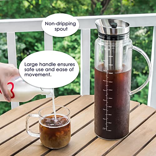  Cold Brew Coffee Iced Tea Maker & Fruit Pitcher - Large Capacity 68 Ounces - With Durable Glass Carafe/Fine Mesh Steel Infuser/Airtight Lid