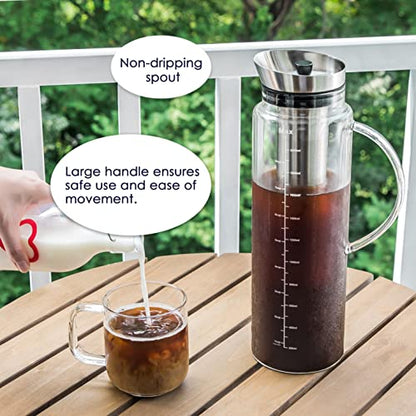  Cold Brew Coffee Iced Tea Maker & Fruit Pitcher - Large Capacity 68 Ounces - With Durable Glass Carafe/Fine Mesh Steel Infuser/Airtight Lid