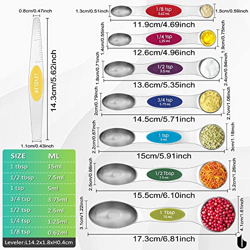  Magnetic Measuring Spoons Set Stainless Steel, Dual Sided For Liquid Dry Food, Measuring Cups Spoons Set Fits In Spice Jar, Kitchen Gadgets, Cooking Utensils Set, Including Leveler, 8Color