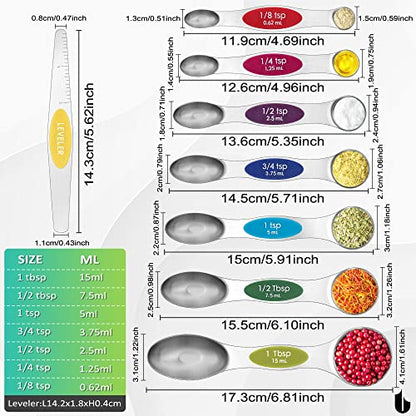  Magnetic Measuring Spoons Set Stainless Steel, Dual Sided For Liquid Dry Food, Measuring Cups Spoons Set Fits In Spice Jar, Kitchen Gadgets, Cooking Utensils Set, Including Leveler, 8Color