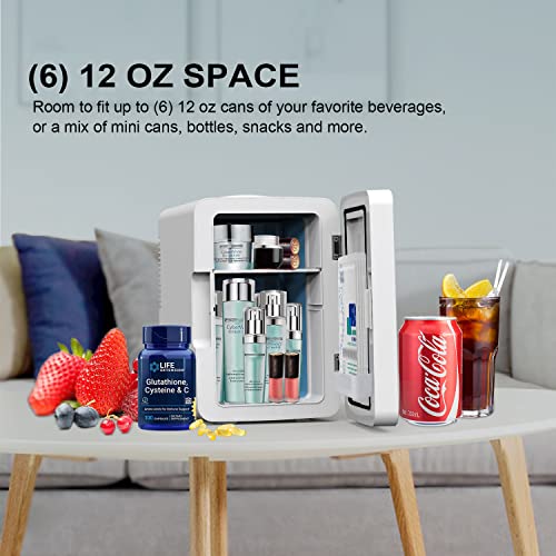 Mini Fridge 6L Capacity, Portable Small Refrigerator Cooler Or Warmer, AC DC Powered, Skincare Fridge With Mirror Door, For Food, Cosmetics, Home, Office And Car - White