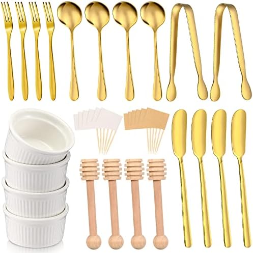 Charcuterie Board Accessories Utensils Cheese Butter Spreader Knives Set Include Serving Tongs, Knives, Spoons, Forks, Toothpick Flags, Honey Dippers, Bowl For Christmas Pastry Making (Gold)