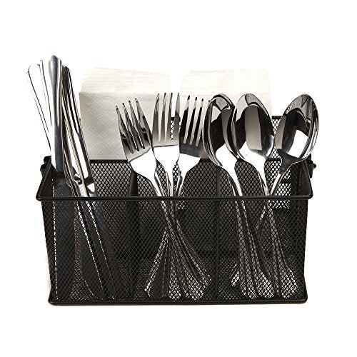  Storage Basket Organizer, Utensil Holder, Forks, Spoons, Knives, Napkins, Perfect For Desk Supplies, Pencil, Pens, Staples, Black, 4 Compartments