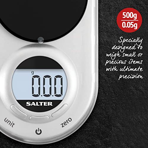 Salter Alter 1260 SVDRA Precision Electronic Scale, Micro Pocket Digital Scales, 500g Capacity, In 0.05g Increments, Neat Storage, Large LCD Display, Compact, Discreet Design, For Jewellery, Spices, Coins