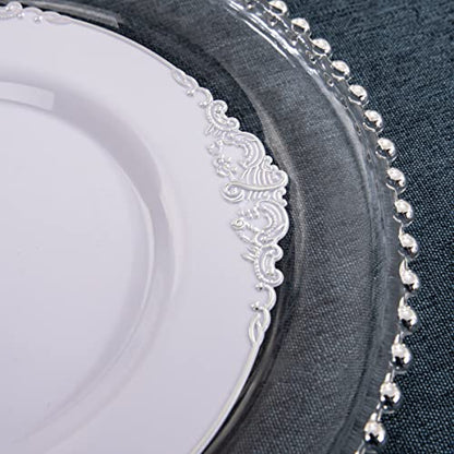  100pcs Silver Plastic Plates & White With Silver Disposable Plates & 7.5inch Silver Disposable Dessert Plates-Perfect For Christmas & Wedding & Party