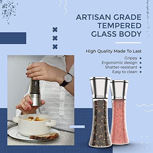  Alt And Pepper Grinder Set Of 3 - Salt And Pepper Shakers, Adjustable Ceramic Sea Salt Grinder & Pepper Grinder - Tall Glass Salt And Pepper Shakers - Pepper Mill & Salt Mill