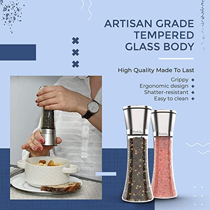  Alt And Pepper Grinder Set Of 3 - Salt And Pepper Shakers, Adjustable Ceramic Sea Salt Grinder & Pepper Grinder - Tall Glass Salt And Pepper Shakers - Pepper Mill & Salt Mill