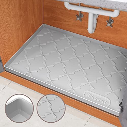  Under Sink Mat For Kitchen Waterproof, 34" X 22" Silicone Under Sink Liner, Hold Up To 3.3 Gallons Liquid, Kitchen Bathroom Cabinet Mat And Protector For Drips Leaks Spills Tray (Grey)