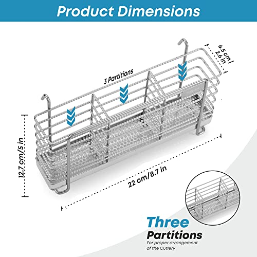  Sturdy 304 Stainless Steel Utensil Drying Rack Basket Holder With Hooks 3 Divided Compartments, Rust Proof, No Drilling