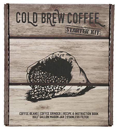  Ld Brew Coffee Maker Starter Kit - Half Gal Mason Jar | Stainless Filter Basket | Ceramic Burr Grinder | Half Pound Certified Organic Whole Bean Cold Brew Blend | Recipe & Instruction Book
