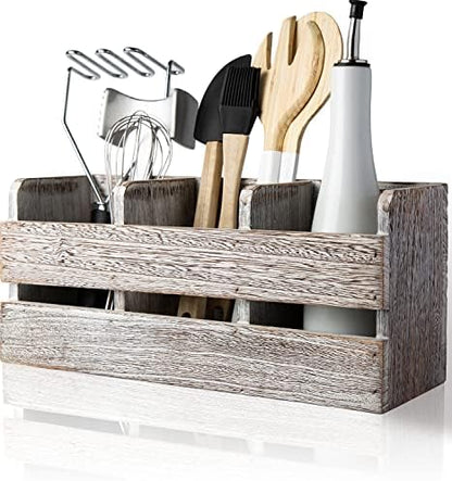  Farmhouse Utensil Organizer For Kitchen Countertop - Wooden Utensil Crock With 3 Large Storage Compartments & Hanging Option - Rustic Spatula Holder Caddy In Distressed White - Size