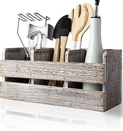  Farmhouse Utensil Organizer For Kitchen Countertop - Wooden Utensil Crock With 3 Large Storage Compartments & Hanging Option - Rustic Spatula Holder Caddy In Distressed White - Size
