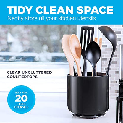 Rotating Plastic Extra Large Utensil Holder Crock With Weighted Base, Removable Divider, And Gripped Insert - Dishwasher Safe Kitchen Utensil Holder For Kitchen Counter: Cooking Black Utensil Caddy
