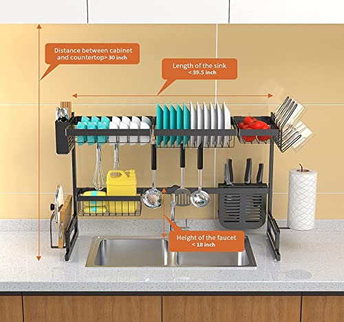  Upgrade Over The Sink Dish Drying Rack Adjustable (33.5"-40"), Stainless Steel Length Expandable Kitchen Drainer, 2 Tier Countertop Organizer Supplies Storage Shelf Display Utensil Hooks Space Saver