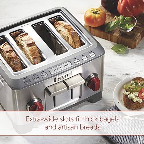 Olf Gourmet 4-Slice Extra-Wide Slot Toaster With Shade Selector, Bagel And Defrost Settings, Red Knob, Stainless Steel (WGTR154S)