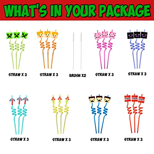  24Pcs Miner Craft Birthday Party Supplies Reusable Drinking Straws,8 Designs Pixel Themed Party Favors With 2 Cleaning Brush MWXG