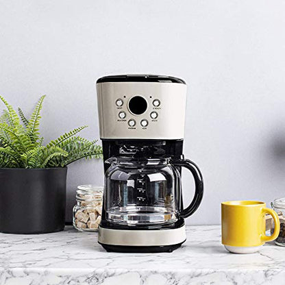  Retro Style 12 Cup Programmable Home Coffee Maker Machine With Carafe And Wide Slot Stainless Steel Retro 2-Slice Toaster, Putty Beige