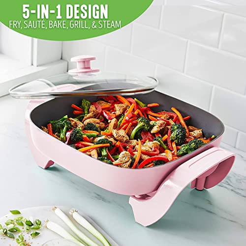  12-inch Nonstick Square Electric Skillet - With Glass Lid, Dishwasher Safe, Pink