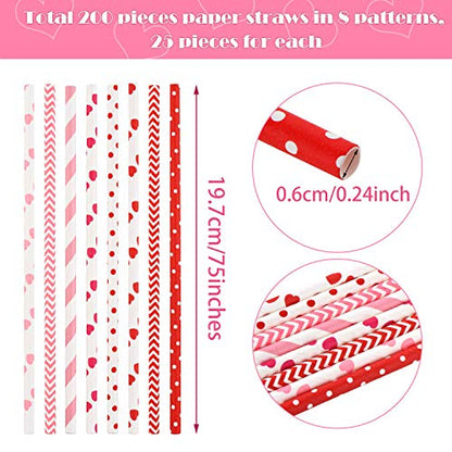  200 Pieces Valentines Straws Valentines Paper Straws Heart Drinking Straws Heart Striped Paper Straws Decorative Holiday Straws For Valentine's Day Wedding Party Supplies, 8 Styles