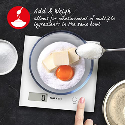 Salter Alter 1066 WHDR5 Arc Digital Platform Kitchen Scales, Precise Food Weighing, Slim Design For Compact Storage LCD Display, Zero Add & Weigh For Multiple Ingredients In The Same Bowl, Battery Included
