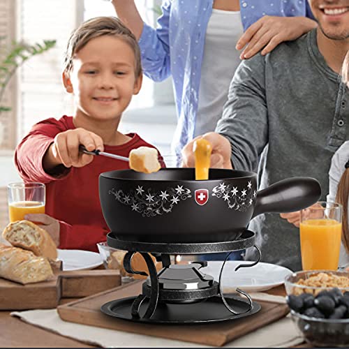  Artestia 2.11-Quart Ceramic Fondue Pot Set Cheese Chocolate Melting Pot Metal Stand With 6 Fondue Forks And Swiss Floral Pattern, Perfect For 6-8 People, 10 Piece