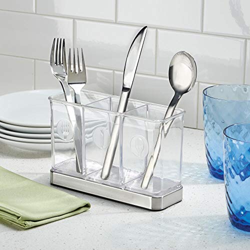  Plastic Cutlery Storage Organizer Caddy Bin For Kitchen Table, Cabinet Or Pantry - Holds Forks, Knives, Spoons, Serving Utensils - Indoor Or Outdoor Use, 3 Sections - Clear/Chrome